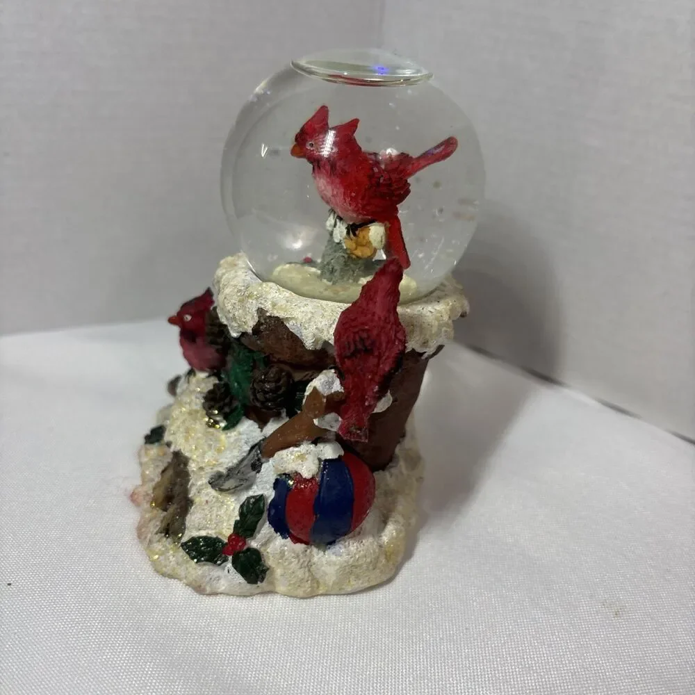 Cardinal Snow Globe on Chimney Base Winter Bird Decor 4.25